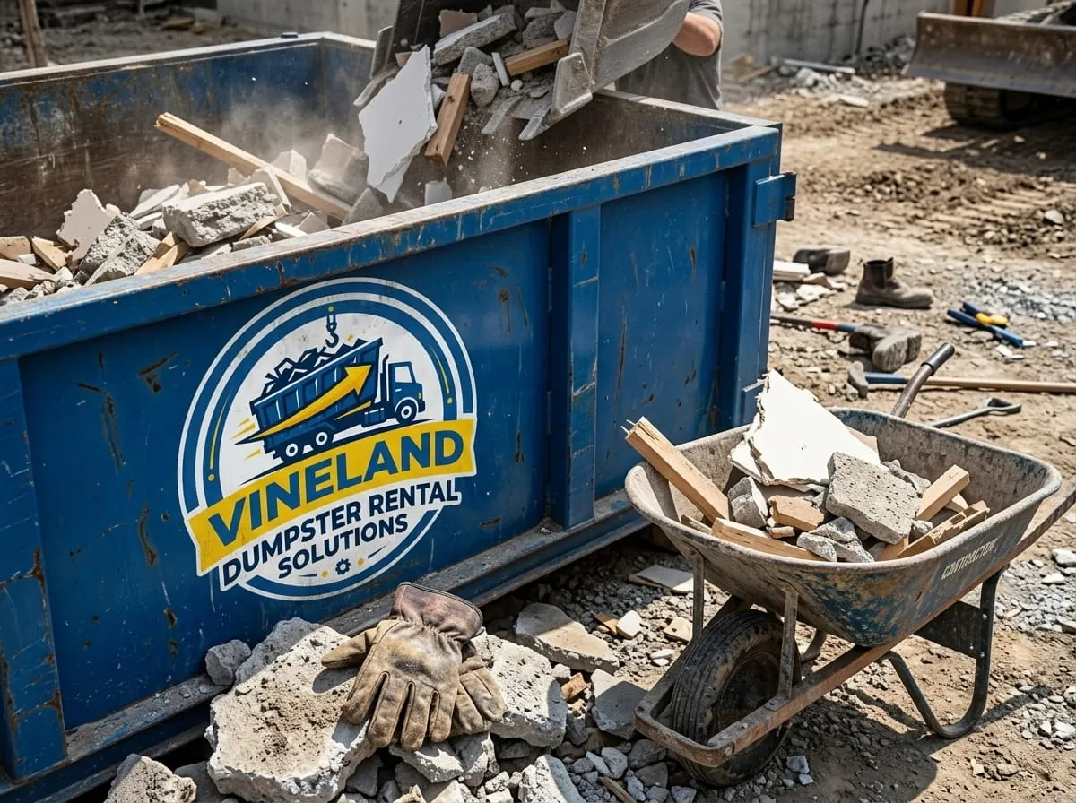 Worker beside a commercial roll-off dumpster from Vineland Dumpster Rental Solutions in Vineland, NJ