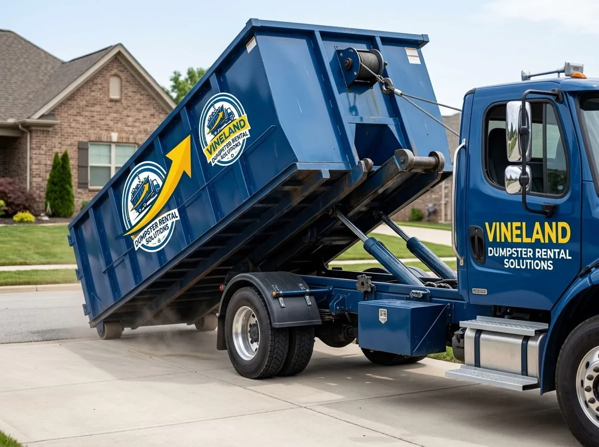 Vineland Dumpster Rental Solutions fleet of roll-off dumpsters and trucks in Vineland, NJ