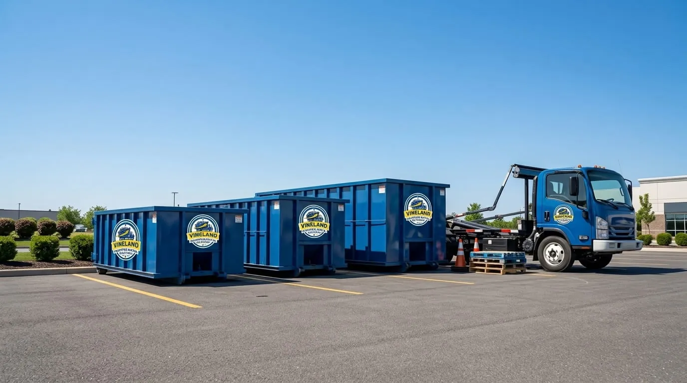 Heavy demolition dumpster being loaded onto a truck in Vineland, NJ